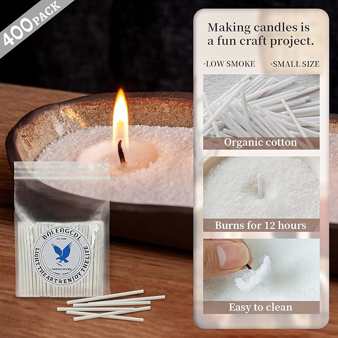 Pearled Candle Wick 2.2 Inch White Cotton Wicks 400-Pack Premium Metal-Free & Lead-Free Candle Wicks for Candle Making