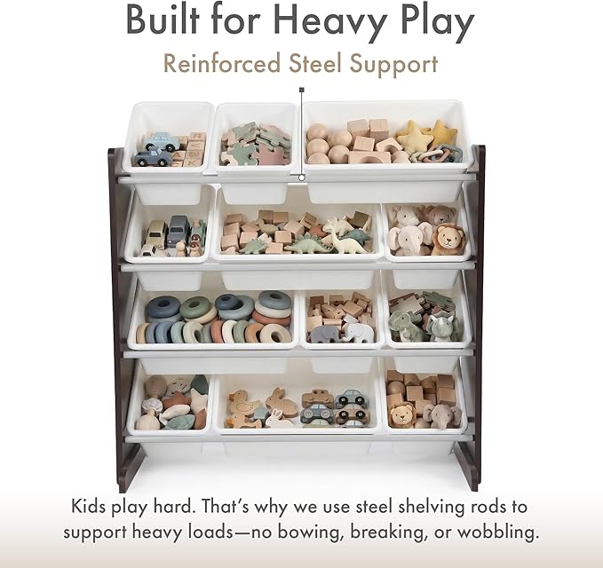 Humble Crew Kids Toy Storage Organizer with 12 Plastic Bins, Espresso/White – Removable Bins for Playroom, Bedroom, Toddler Furniture for Boys and Girls Ages