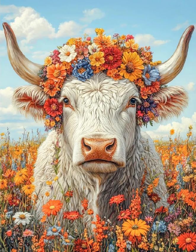 VIGEGU Highland Cow 5D Diamond Painting Kits for Adults,Flowers Diamond Art kit for Beginners,DIY Full Round Drill Diamond Dots with Gem Art Crafts for Home Wall Decor 12 x16 Inch