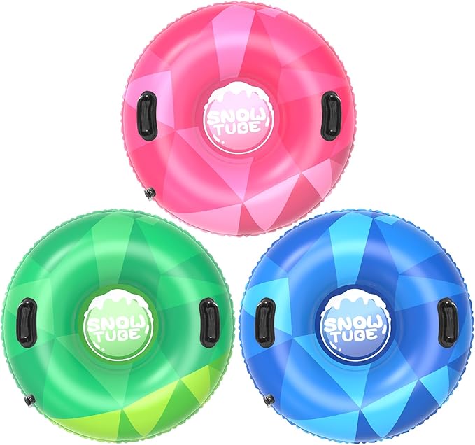 WOLKEK 3Pack Snow Tubes, Snow Sled for Kids and Adults, Cold-Resistant Inflatable Snow Tube, Thickened Heavy Duty Sleds for Winter with Handles, Snow Toys, Snow Sleds for Family Activities Outdoor Fun