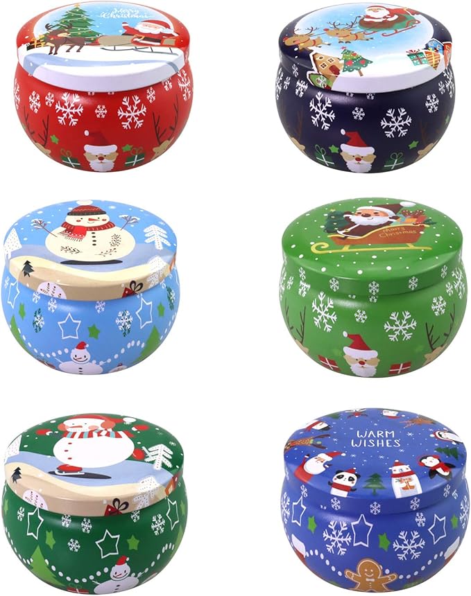 6 Pcs 2.2-oz.Tinplate Empty Scented Candle Tin Jars, Reusable Storage case for Dry Storage Spices, Camping, Christmas Holiday Gifts, and Sweets Gifts
