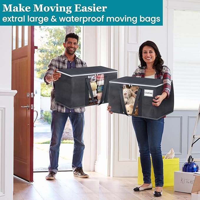 HomeHacks 2 Pack Extra Large Moving Bags with Visual PVC Window & Zippers, Storage Totes with Reinforced Handles, Heavy Duty Storage Bags for Packing, Moving, Storage (125L,Grey)