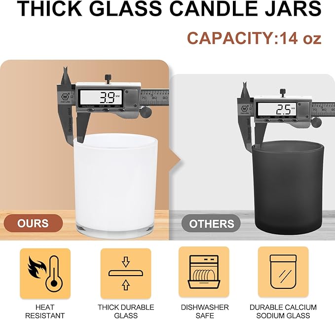 Thick Candle Jars for Making Candles 12 Pcs, 14 OZ Empty Jars with Wood Lids for Candle Making, Sample Container, Inner White
