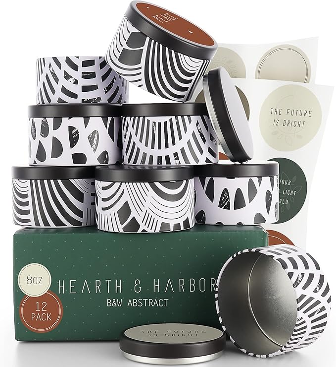 Hearth & Harbor Tin Candle Jars for Making Candles - DIY Candle Containers with Lids - Metal Candle Jars - Bulk Tins Storage for Candle - (12 Pieces) - (8 Ounces) - Black and White Abstract