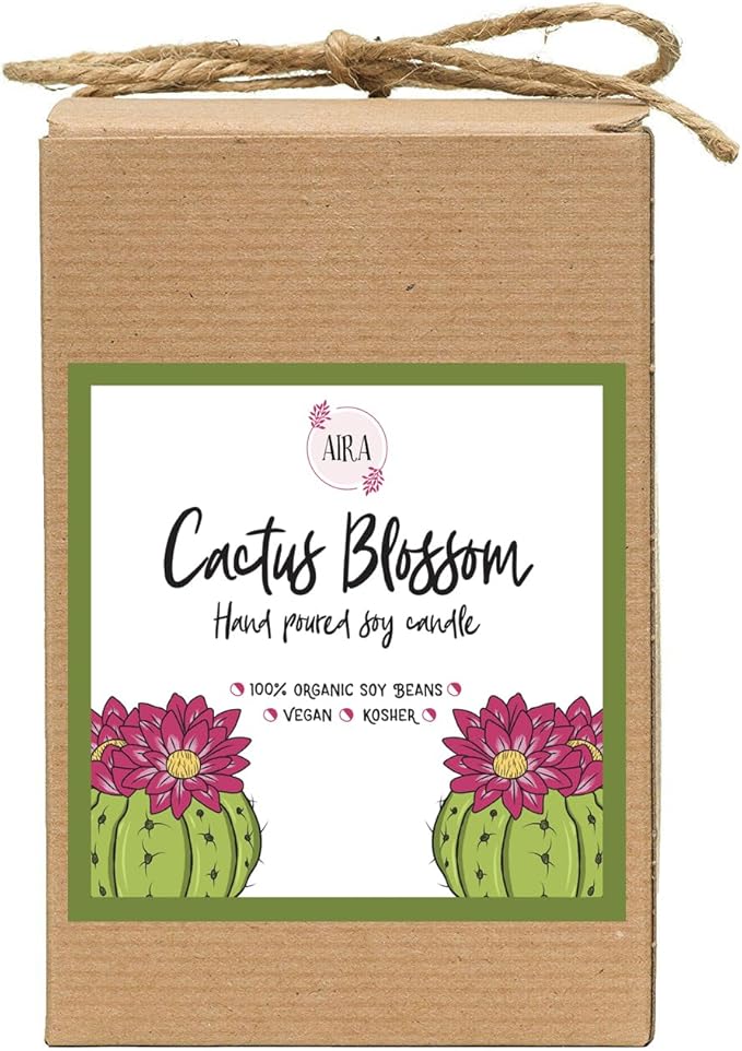 Aira Soy Candles - Organic, Kosher, Vegan, in Mason Jar w/Therapeutic Grade Essential Oil Blends - Hand-Poured 100% Soy Candle Wax - Paraffin Free, Burns 110+ Hours - Cactus Blossom -16 Ounces