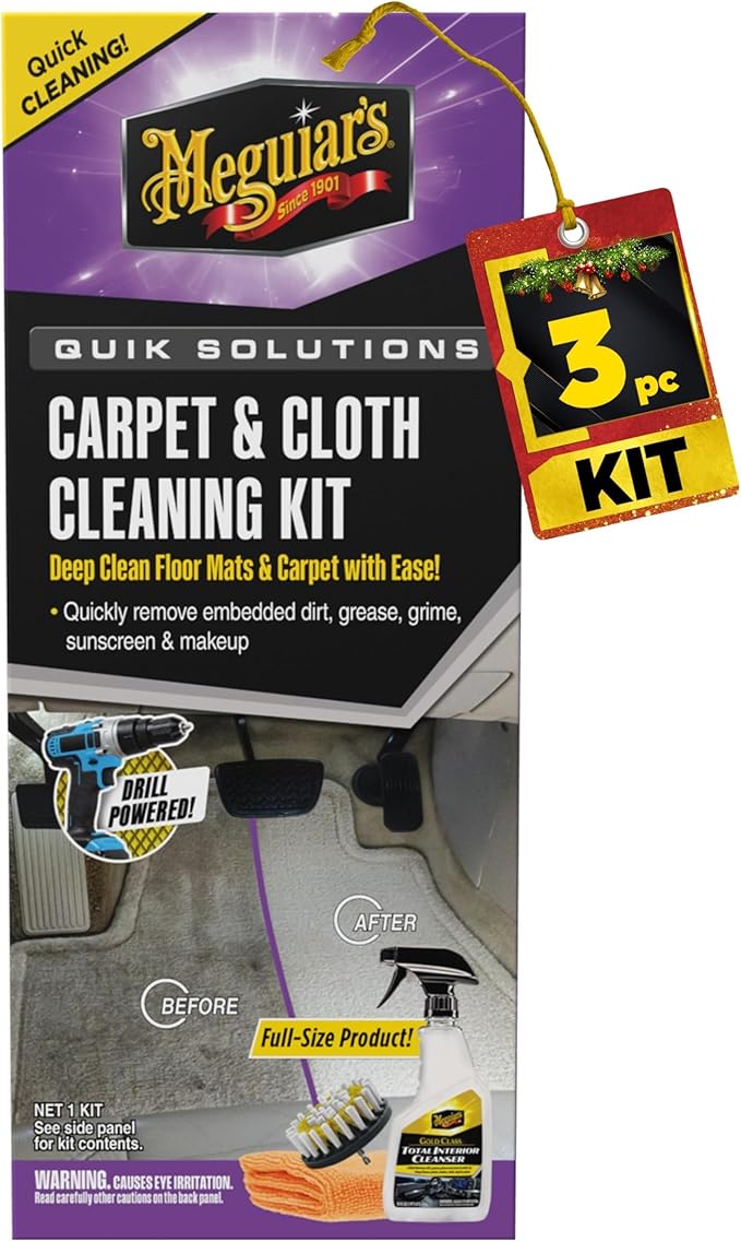 Meguiar's Carpet & Cloth Kit,This Car Care Kit includes a Premium Fabric & Carpet Cleaner and Accessories,A Plush Microfiber Towel and 4” Drill Brush Attachment to Thoroughly Clean Interiors, Kit
