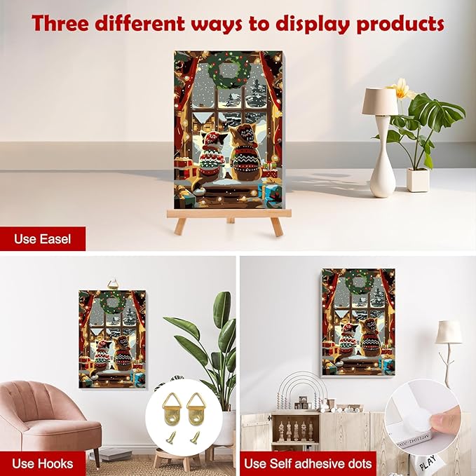 MOGTAA Christmas Cat Paint by Numbers Kit for Adults Beginners with Frame, Winter Adult Paint by Number Kits on Canvas with Easel, Easy DIY Oil Painting Kits for Home Decor, 8x12in