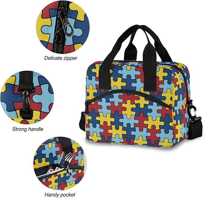 CBBYY Autism Awareness Colorful Puzzle Piece Lunch Bags for Women Men, Reusable Insulated Lunch Box, Adjustable Shoulder Straps Tote Lunch Bag for Work Picnic School