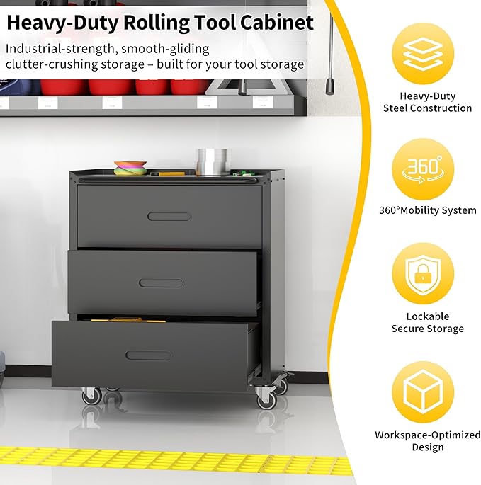 Garage Storage Cabinets with Wheels, Locking Metal Storage Cabinets with 3 Drawers, Easy Assembly Rolling Tool Cabinet for Garage, Basement,Warehouse