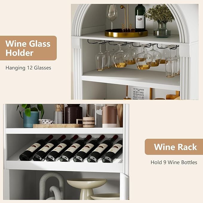 Vlsrka 71" Tall Arched Kitchen Pantry Cabinets, Wood Kitchen Storage Cabinets/Arched Bookshelf/Bookcase,China Cabinet with Open & Adjustable Shelves, Induction LED Light (White A)