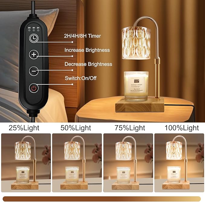Candle Warmer Lamp, Candle Warmer Light with Timer & Dimmer, Candle Warmer Lamp Adjustable Height, Compatible with Jar Scented Candles, Candle Warming Lamp with 3 Bulbs for Home Decor