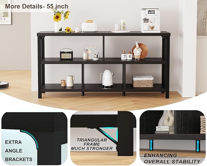 IBF 55“ Black Bookshelf, Industrial Open Horizontal Cube Book Shelf, Low Wide Home 5 Cube Storage Organizer Long Shelf for Bedroom, Wood and Metal Cubby Bookcase for Living Room, Black Oak, 55 inch