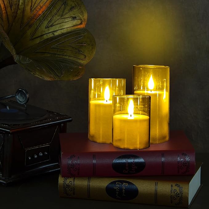 NICEME Amber Flickering Flameless Candles Battery Operated Acrylic LED Pillar Candles with Remote Control and Timer Flameless Halloween Candles for Thanksgiving Christmas New Year Home Decor, Set of 5