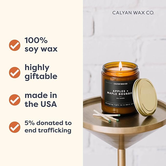 Calyan Wax Co. Redwood & Vanilla Scented Candle - 57 Hour Burn - Luxury Non Toxic Soy Wax Candles - Long Lasting Amber Glass Jar Candle for Home - 7.2oz