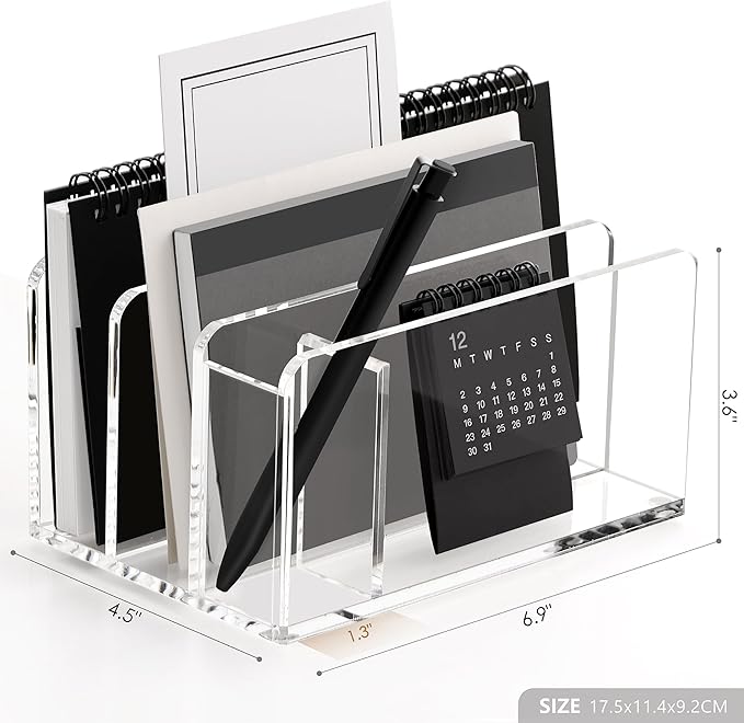 SANRUI Acrylic Mail Organizer, 3 Compartments Clear File Holder for Desk, Letter Sorter with Pen Holder, Countertop Document Sorter for Notebooks, Bills & Eyeshadow Palettes