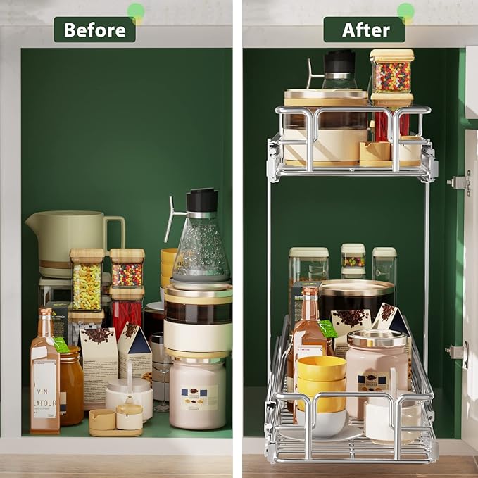 LOVMOR 2 Tier Individual Pull Out Cabinet Organizer 7.5" W x 21.5" D, Slide Out Kitchen Cabinet Storage Sliding Shelves