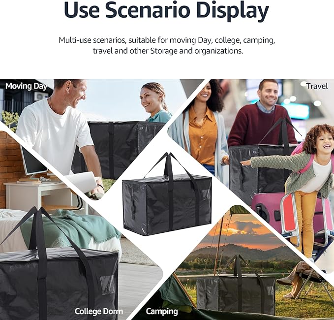 Moving Bags Heavy Duty Extra Large, Moving Boxes, Moving Supplies Essentials, Blue Storage Bins with Lids, Plastic Packing Totes, Storage Bags for Clothes with Handles & Zippers(Black, 10 Pack)