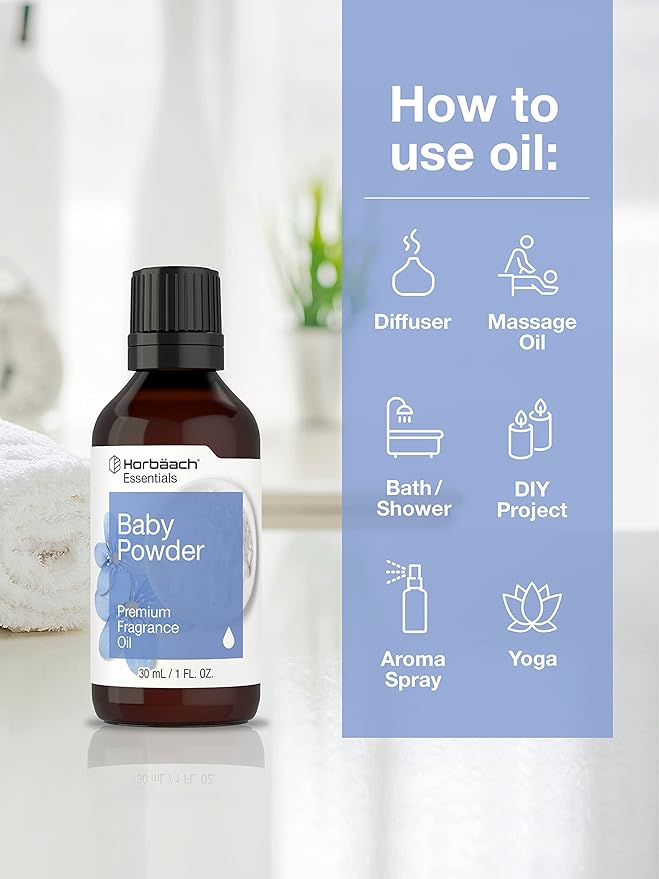 Horbäach Baby Powder Fragrance Oil | 1 fl oz (30ml) | Premium Grade | for Diffusers, Candle and Soap Making, DIY Projects, Aroma Spray, & More