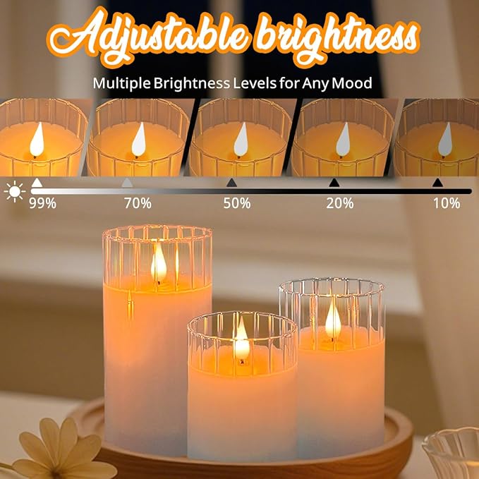 Rechargeable Flameless Glass Pillar Candles – Remote & Timer – Set of 3 White Stripes Realistic Flickering LED Light, Ideal for Living Room, Bedroom & Holiday Décor& Gifts for Women
