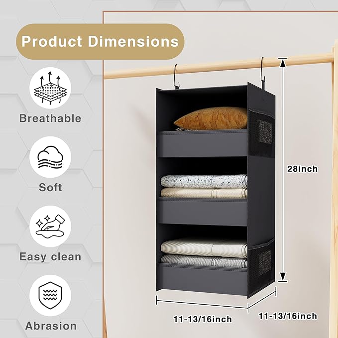 3-Shelf Hanging Closet Organizer and Storage, Foldable Hanging Closet Shelves Front Lip Design Washable Hanging Storage, Dark Gray