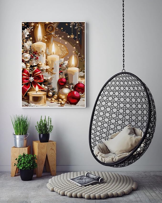 AREOPNMG Christmas Candles Paint by Numbers Kit for Adults Beginner DIY Winter Painting by Numbers Kits,with 3 Brushes and Acrylic Paint(Without Frame), Home Wall Decor 12 x 16 in