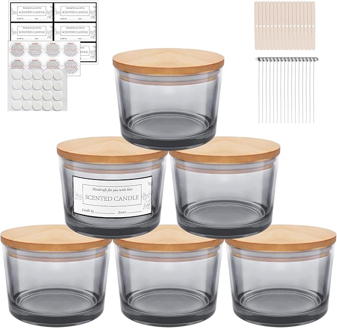 CONNOO 6-Pack 16 oz Candle Jars - 3-Wick Gray Empty Wide Mouth Glass Candle Jars Come with Bamboo Lids, Sticky Warning Labels, and a Candle Wick Kit for Candle Making - Dishwasher Safe