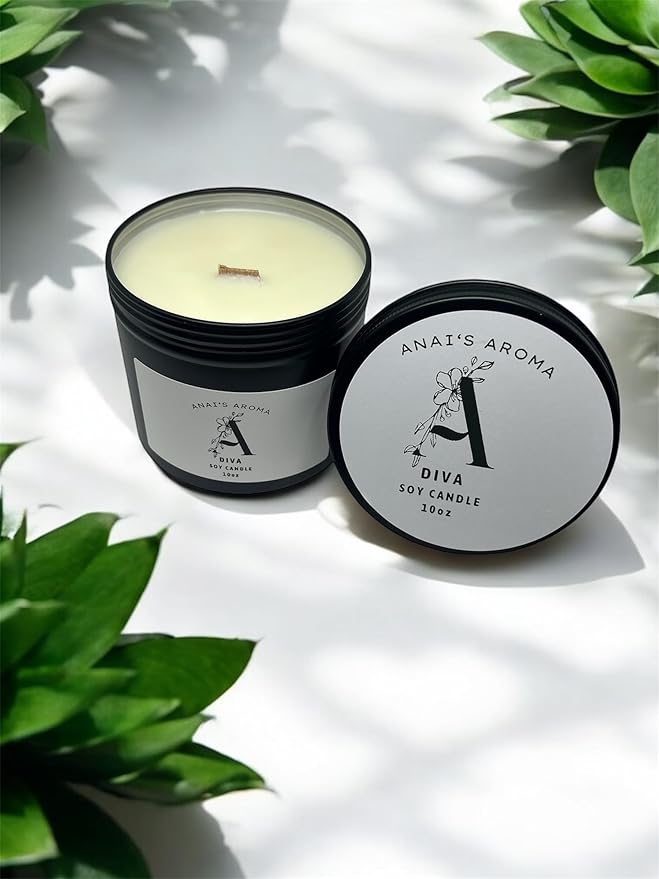 ANAI'S AROMA Diva Scented Candle 10 oz Soy Wax Premium Scent Long Lasting, Odor Eliminating Candle Wood Wick Crackling Wood Candle in Black Metal Tin Jar