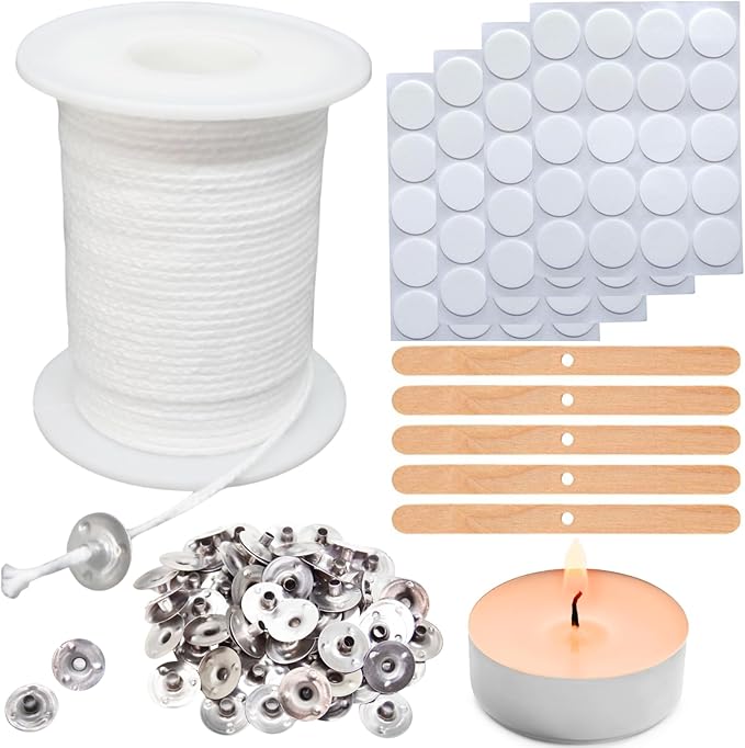 【200 Feet】Candle Wick Roll with 125 Pcs Metal Candle Wick Sustainer Tabs, 80Pcs Candle Wick Stickers and 5Pcs Wooden Candle Wick Centering Device, 61m Natural Cotton Candle Wicks for Candle Making Kit