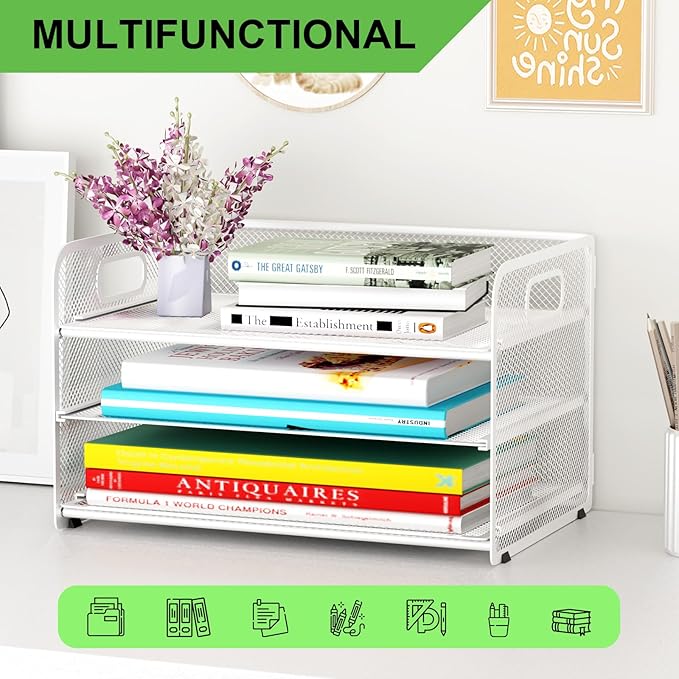 3 Tier Paper Letter Tray Organizer for Desk, Mesh File Folder Document Organizer with Handle for Home Office Supplies Desktop Accessories, White