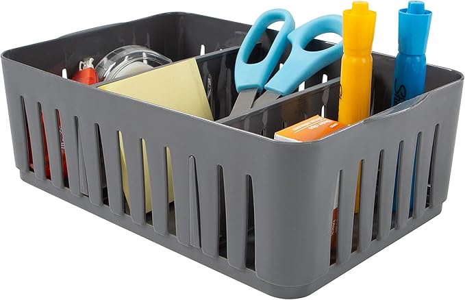 Simplify 4 Pack 3 Compartment Stackable Bin with Adjustable Dividers | Drawer Organizer | Storage Basket | Good for Office | Desk Supplies | Dorm | Bathroom | Accessories | Make Up | Grey