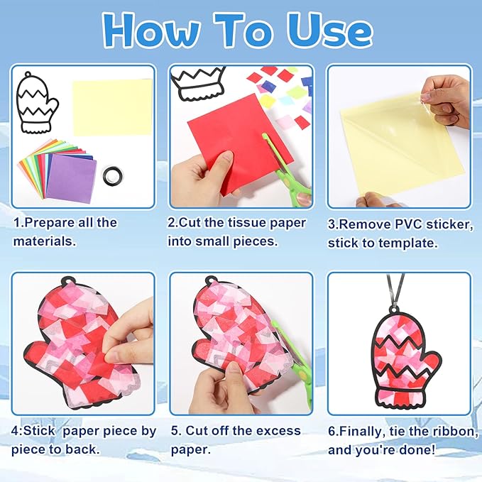 Qyeahkj 36 Set Winter Glove Suncatchers Crafts Kit DIY Window Tissue Paper Craft Kits Gloves Hanging Ornaments Decor Christmas Holiday Arts for Home Activity Art Party Favor Gift