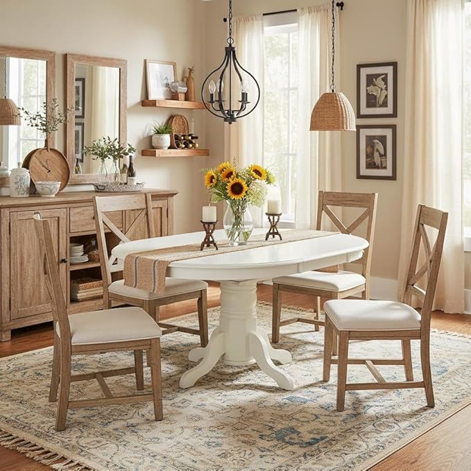 Furnifact Oval Dining Table with 18-Inch Self-Storage Butterfly Leaf, Linen White Solid Wood Pedestal Table