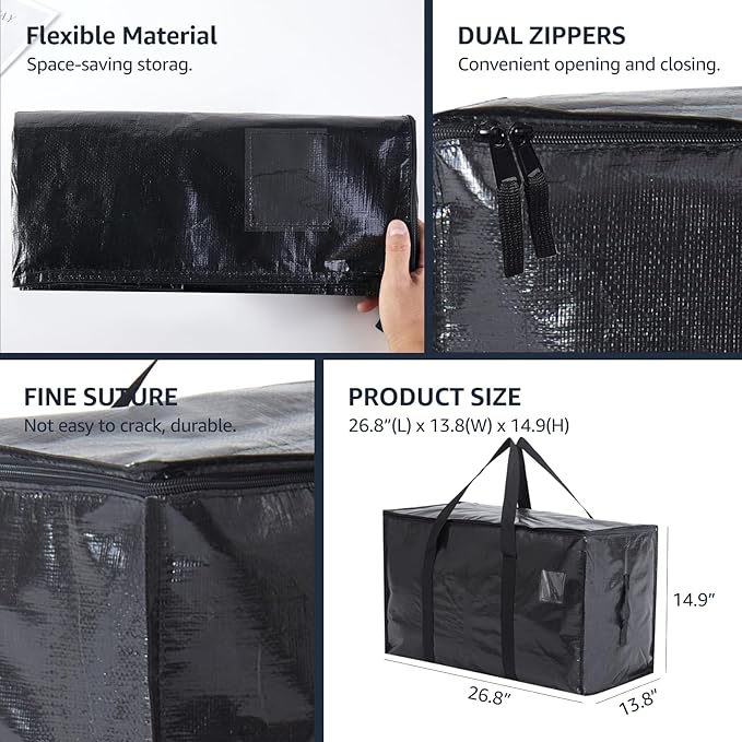 Moving Bags Heavy Duty Extra Large, Moving Boxes, Moving Supplies Essentials, Blue Storage Bins with Lids, Plastic Packing Totes, Storage Bags for Clothes with Handles & Zippers(Black, 10 Pack)