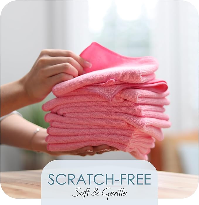 Hearth & Harbor Microfiber Cleaning Cloths, 12 Pack Pink Reusable Towels, Lint Free