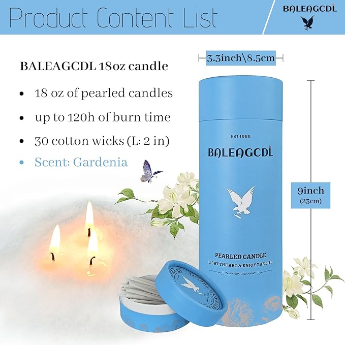 Pearled Candle 18 Oz with 30 Wicks - Gardenia Scented Sand Candles White Refillable Wax Lasts up to 120 Hours - Smooth and Clean Burning for Candle Making