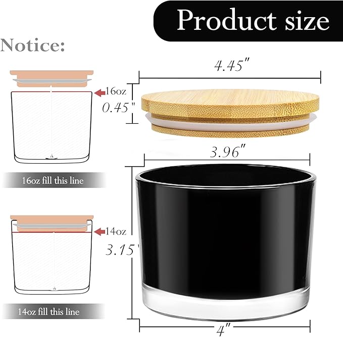 CONNOO 6-Pack 16 oz Black Candle Jars - 3-Wick Empty Glass Wide Mouth Candle Jars Come with Bamboo Lids, Sticky Warning Labels, and a Candle Wick Kit for Candle Making - Dishwasher Safe