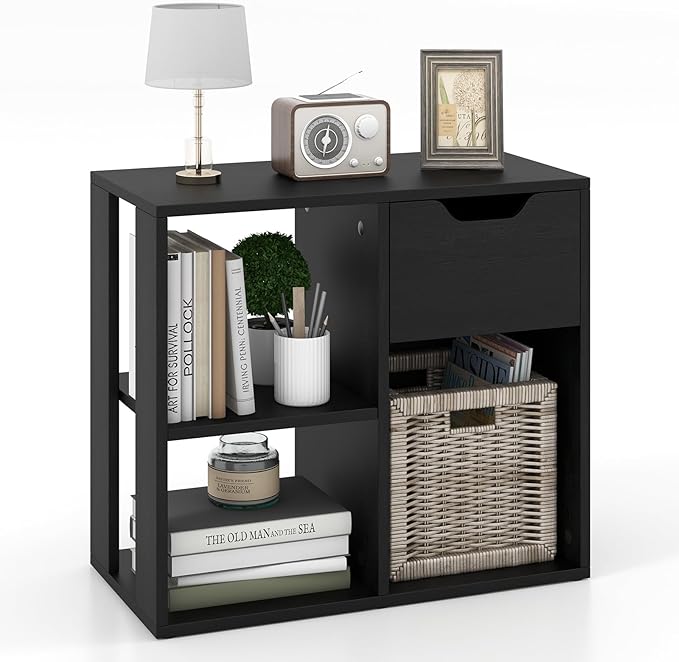 LOKO 3-Cube Bookshelf with Drawer, 2-Tier Open Shelf Bookcase, Freestanding Display Shelf, Modern Home Storage Organizer, Shelving Unit for Living Room, Bedroom, Study, Office (1, Black)