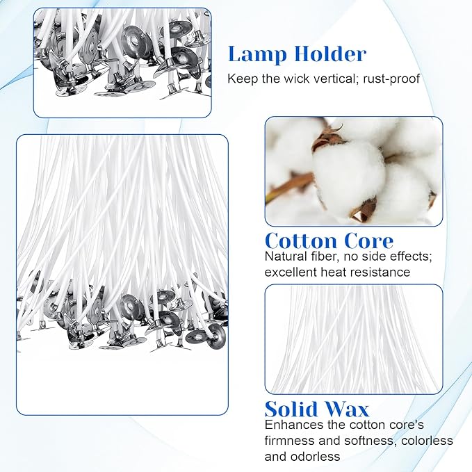 100 Pcs 8 Inch Cotton Candle Wicks for Candle Making Pre-Waxed with Paraffin, Includes 100 Adhesive Stickers and 2 Metal Wick Holders for Soy Beeswax Candle Making Candle Making Wicks
