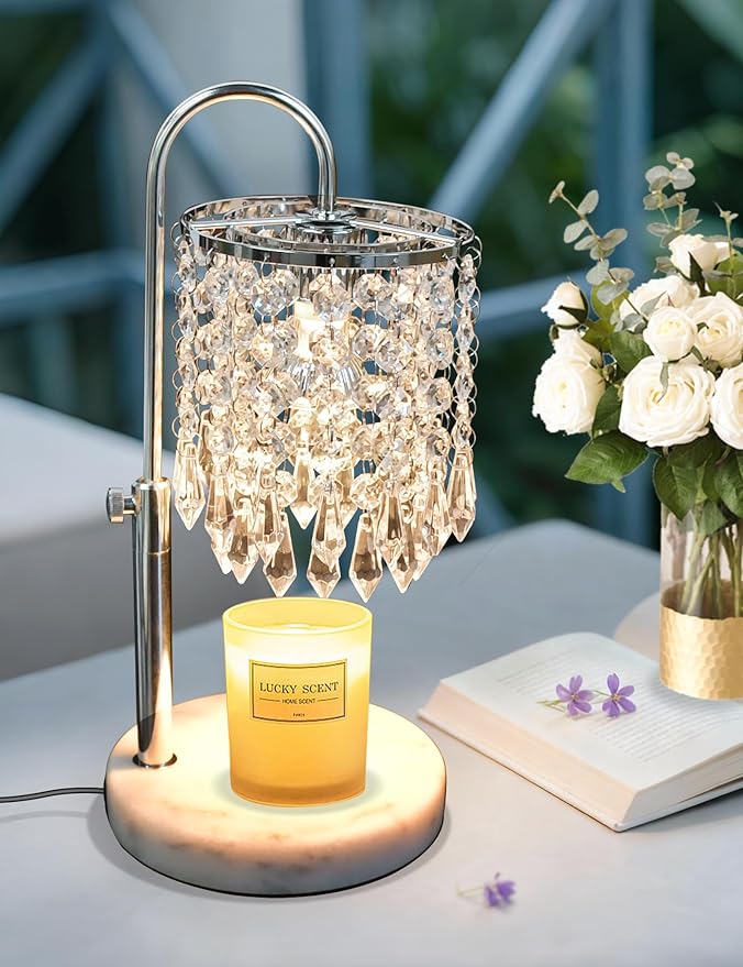 Candle Warmer Lamp with Timer Dimmable, Birthday Gifts for Women, Wax Melt Warmer for House Warming Gifts New Home Decor, Adjustable Height Crystal Candle Lamp for Jar Candles with 3 Bulbs, Silver