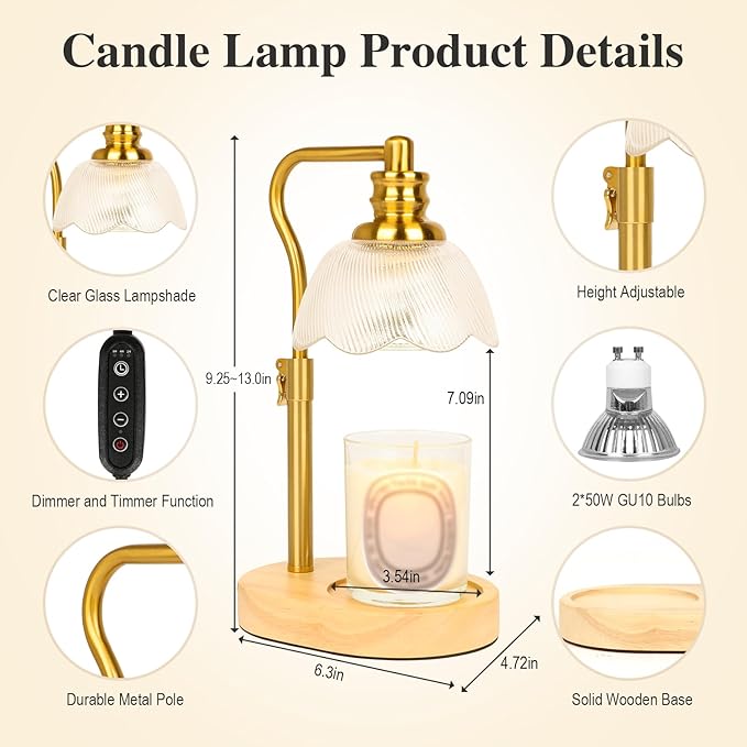 Electric Candle Warmer Lamp with Timer and Dimmer,Height Adjustable and Auto Shup-Off Light Lamps with 2 Bulbs,Fits Wax Melts Scented Warmers Jar Candles,Flameless Home Decor and Gifts