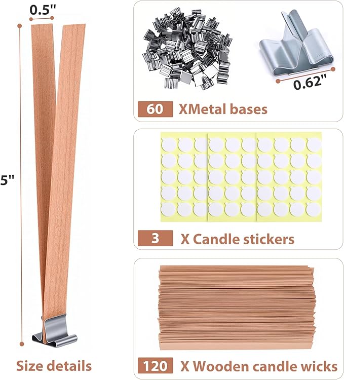 Candle Wick for Candle Making, Wooden 120Pcs 5.0X 0.5 Inch, 60Pcs Iron Stand, 60Pcs Candle Wick Stickers