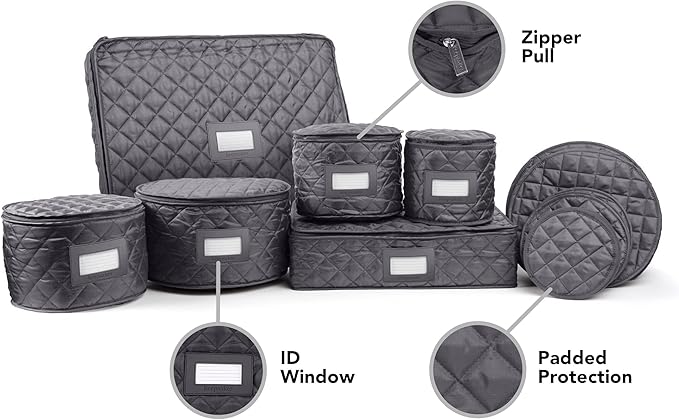 Covermates Keepsakes Dish Storage Set – Padded China & Dinnerware Storage Cases with Dividers, Cup & Stemware Storage, Quilted Polyester Protection, ID Window, Slate