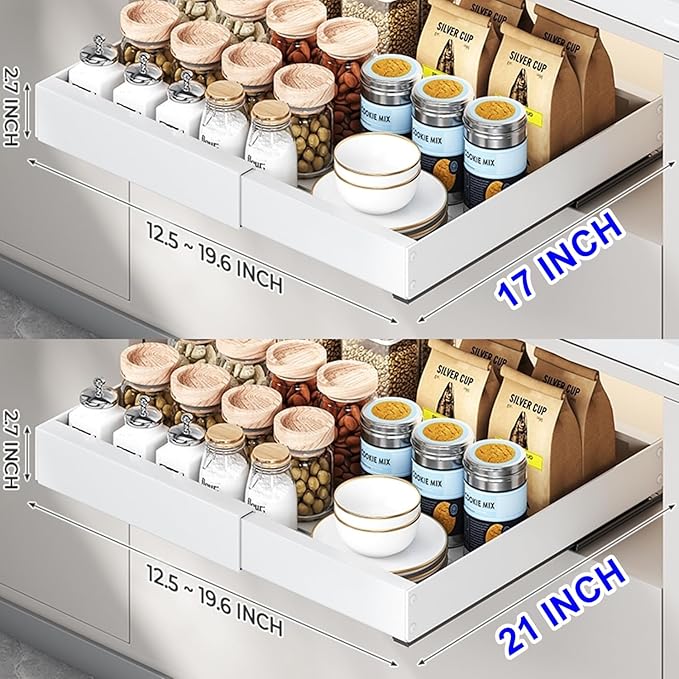 4pack Pull Out Under Sink Organizer – Expandable Sliding Cabinet Shelf for Kitchen, Bathroom, Pantry – Heavy Duty Metal Storage Rack for Cleaning Supplies and Bottles (White, 12.5-19.6 x 21 Inch)