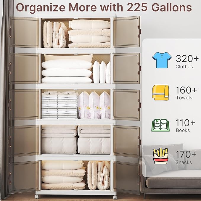 UAMFURI Stackable Storage Bins with Lids, 900QT Closet Organizers, Lockable Storage Cabinet，Foldable Storage Box with Doors and Wheels, Plastic Drawers for Home, Garage, Office (5, White, Extra Large)
