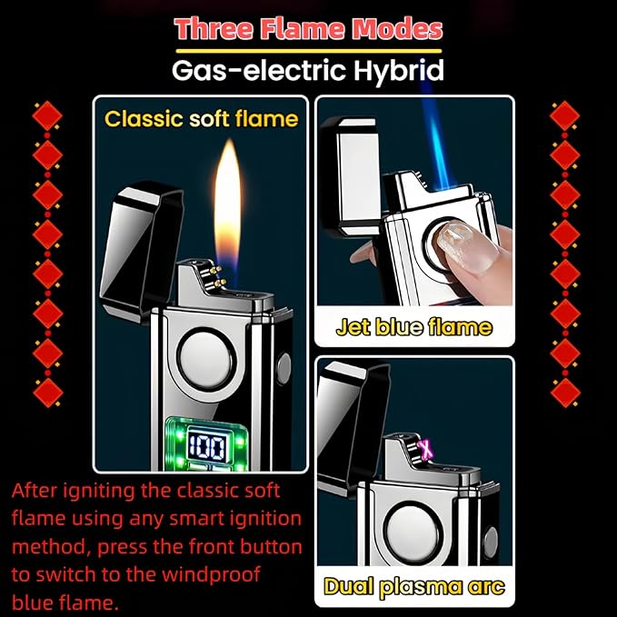 Smart Voice-Activated Lighter - 3 Flames (Blue Torch, Soft Flame & Dual Arc) - Windproof Refillable & Rechargeable Butane Lighters with Multiple Ignition Methods (Without Fuel) (Brushed Gold)