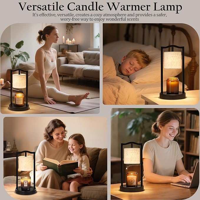 GyroVu Candle Warmer Lamp with Timer, 3-Level Dimmable Electric Candle Lamp with Linen Shade, 50W Wax Melt Warmer for Scented Wax, Gift for Women,Mom,House Warming & Home Decor