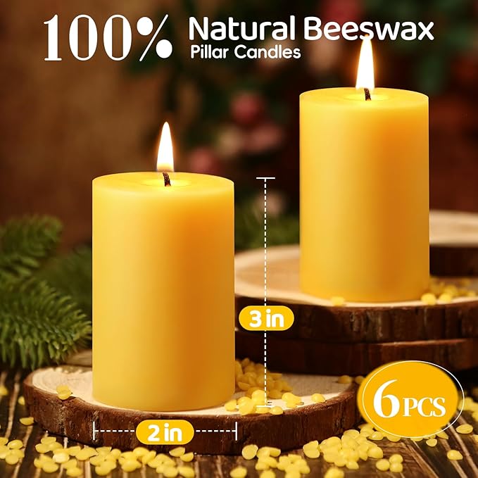 6 Pack Natural Beeswax Pillar Candles,100% Pure Beeswax Candles-192 Hours Long Burning,Unscented Bees Wax Candles for Home,Prayer,Emergency,Dripless Smokeless Organic Pillar Candles Bluk-2x3in
