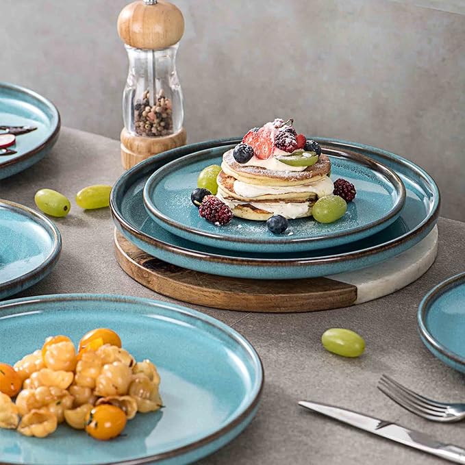 Henten Home Ceramic Dessert Plates, 8 Inch Porcelain Salad Plates Set of 4, Round Snack Plates for Kitchen, Cake Serving Stoneware Dishes, Reactive Glaze, Scratch Resistant (Aqua)