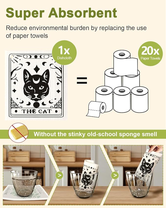 Miss Adola 8 Pack Reusable Kitchen Dishcloths - Absorbent, Fast Drying, Washable Swedish Towels with Cute Black Skull Design