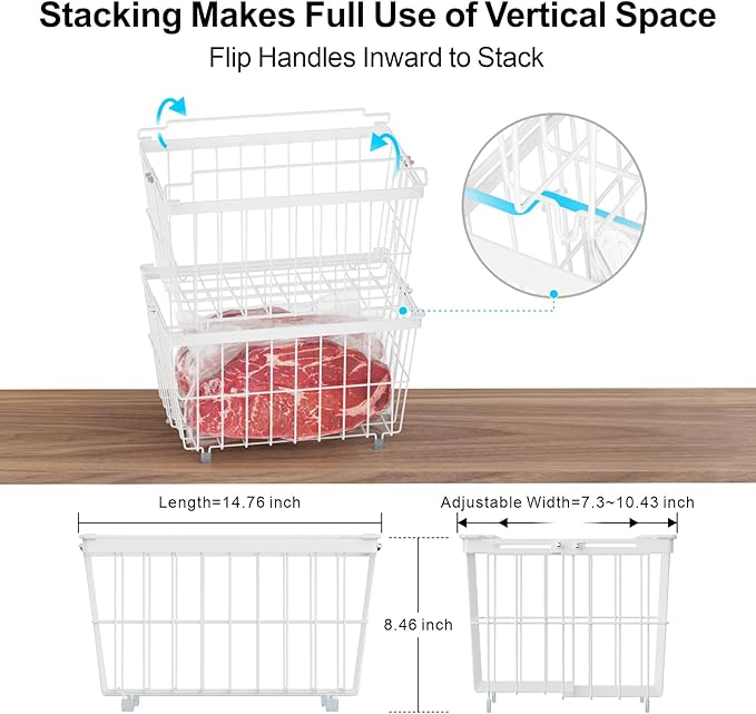 iSPECLE Freezer Organizer Bins - 5 Pack Adjustable Width for 5 to 7 Cu.Ft Chest Freezers, Stackable Wire Storage Baskets, Assembly Required, White